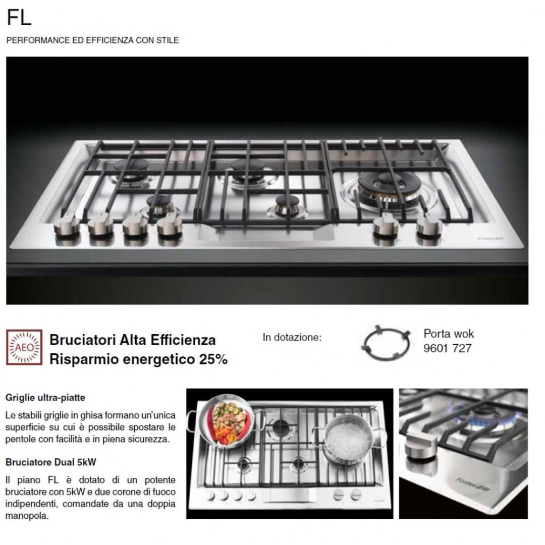 FOSTER FL 7201032 Piano Cottura Gas Incasso 5 Fuochi Acciaio Inox Satinato Griglie in Ghisa Dual 5 Kw cm. 86 x 50