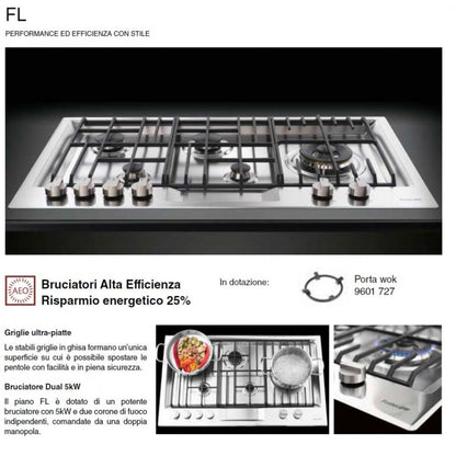 FOSTER FL 7201032 Piano Cottura Gas Incasso 5 Fuochi Acciaio Inox Satinato Griglie in Ghisa Dual 5 Kw cm. 86 x 50