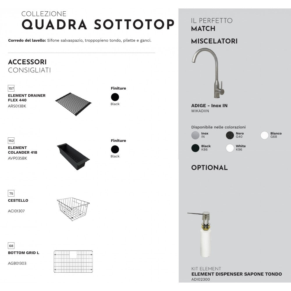 ELLECI QUADRA 350 LGQ35062BSO Lavello 2 Vasche Sottotop Granitek Bianco Antico cm. 76×43,5