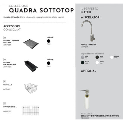 ELLECI QUADRA 350 LGQ35062BSO Lavello 2 Vasche Sottotop Granitek Bianco Antico cm. 76×43,5